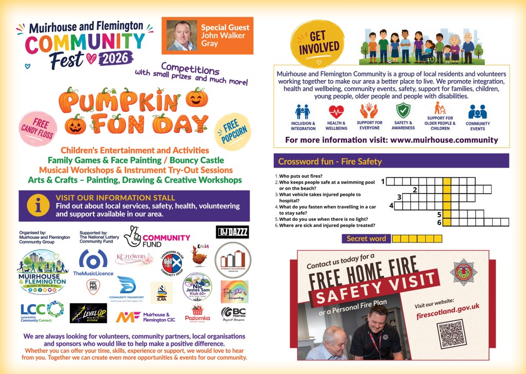 Community Fest 2026 Pumpkin Fun Day leaflet with event details and partner logos