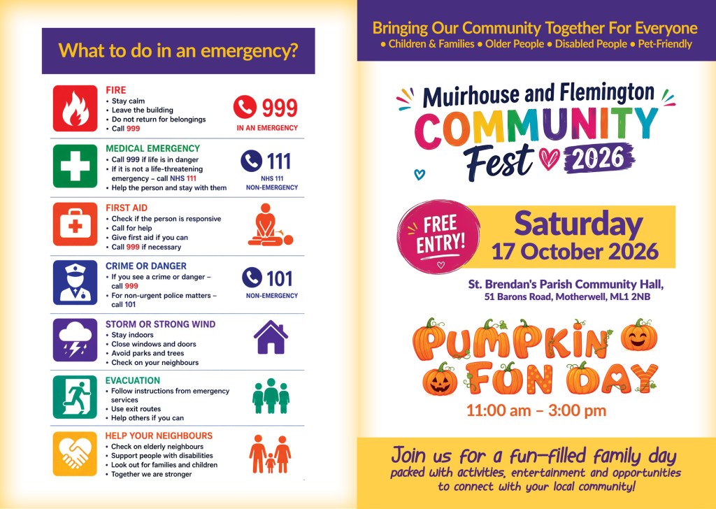 Community Fest 2026 flyer with emergency contact numbers and the Pumpkin Fun Day poster