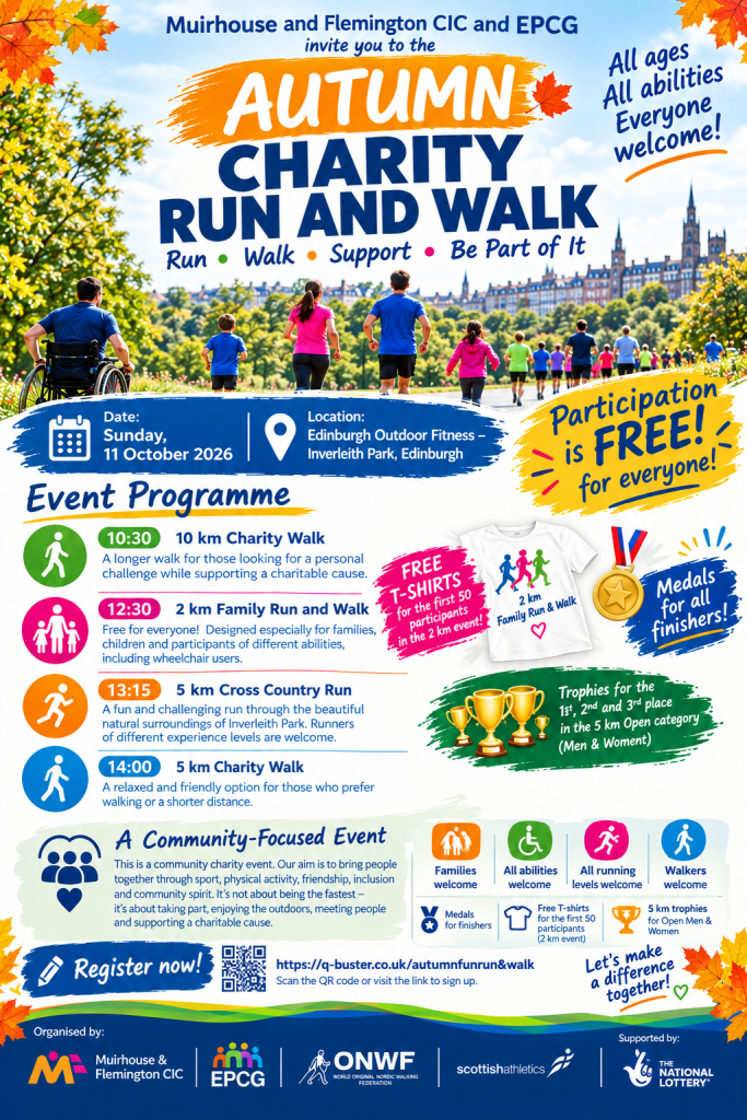 Autumn Charity Run and Walk poster, Sunday 11 October 2026, Inverleith Park, Edinburgh, organised by Muirhouse & Flemington CIC and EPCG