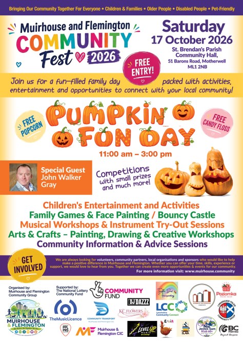 Poster for the Muirhouse and Flemington Community Fest 2026 Pumpkin Fun Day, Saturday 17 October 2026, 11am to 3pm, St. Brendan's Parish Community Hall, Motherwell. Free entry.