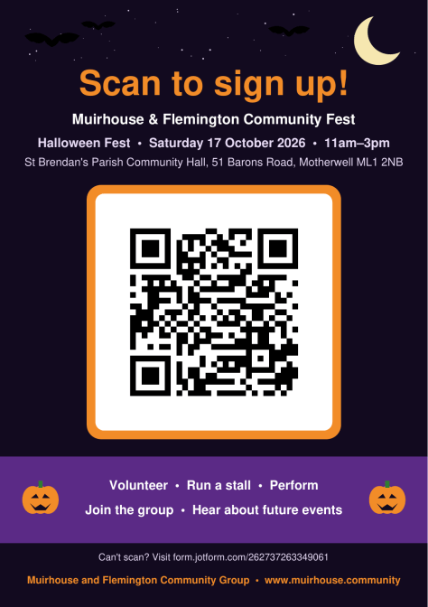 Scan to sign up for the Muirhouse & Flemington Halloween Community Fest, Saturday 17 October 2026